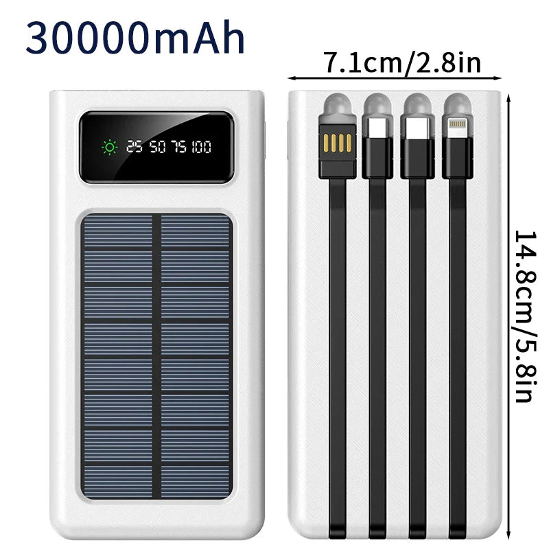20000/30000mAh Solar Power Bank LED Light Large Capacity Fast Charging Battery With 4-Cables Outdoor Power Bank