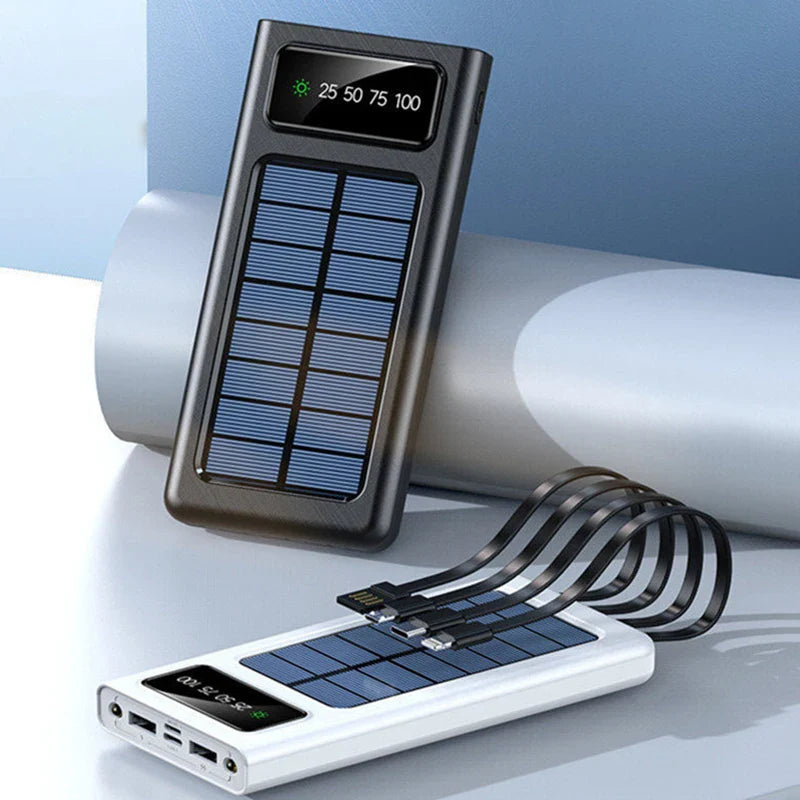 20000/30000mAh Solar Power Bank LED Light Large Capacity Fast Charging Battery With 4-Cables Outdoor Power Bank
