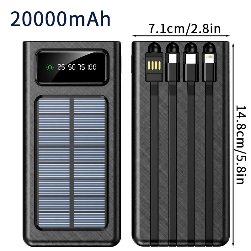 20000/30000mAh Solar Power Bank LED Light Large Capacity Fast Charging Battery With 4-Cables Outdoor Power Bank