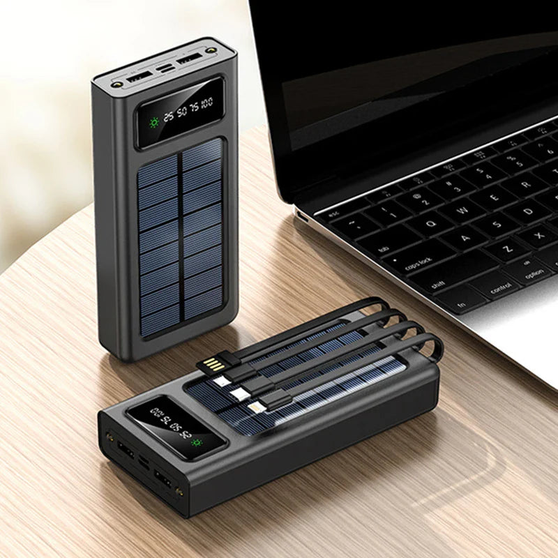 20000/30000mAh Solar Power Bank LED Light Large Capacity Fast Charging Battery With 4-Cables Outdoor Power Bank
