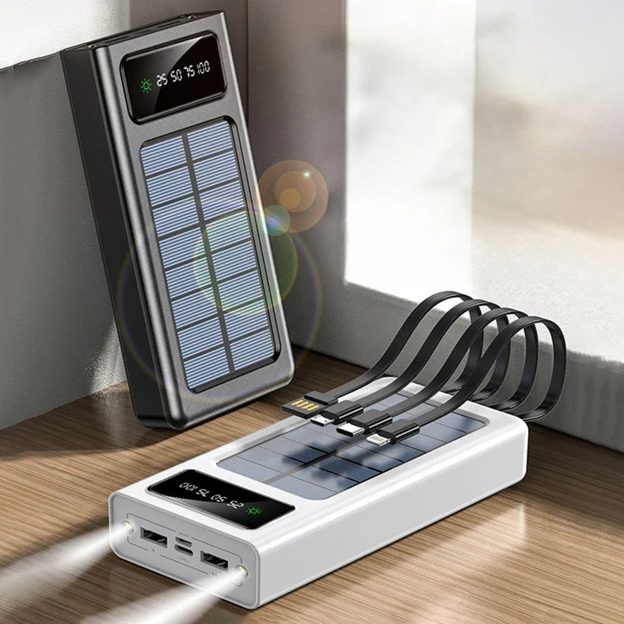 20000/30000mAh Solar Power Bank LED Light Large Capacity Fast Charging Battery With 4-Cables Outdoor Power Bank