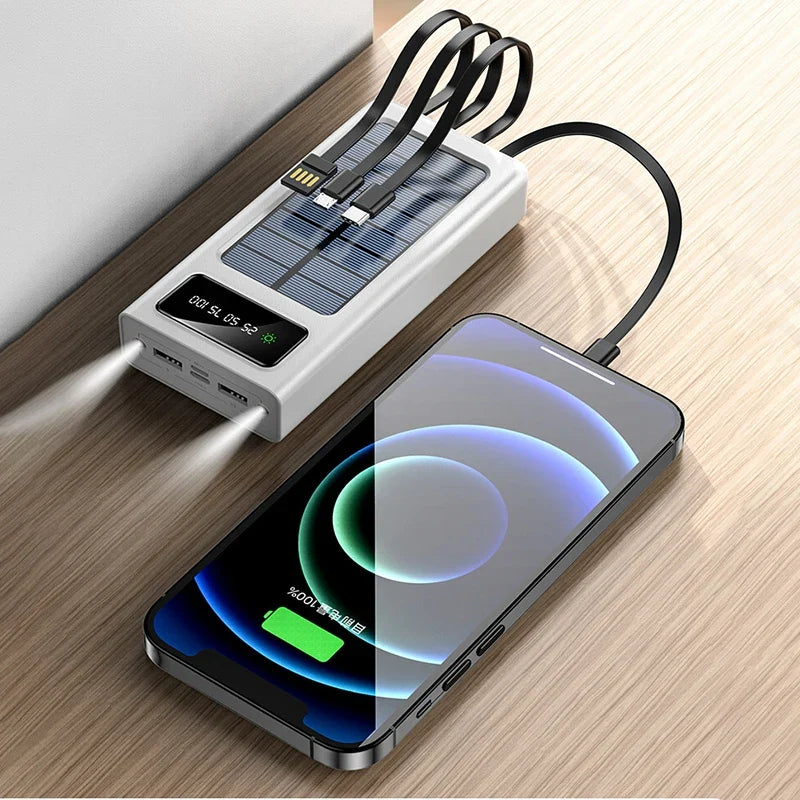 20000/30000mAh Solar Power Bank LED Light Large Capacity Fast Charging Battery With 4-Cables Outdoor Power Bank