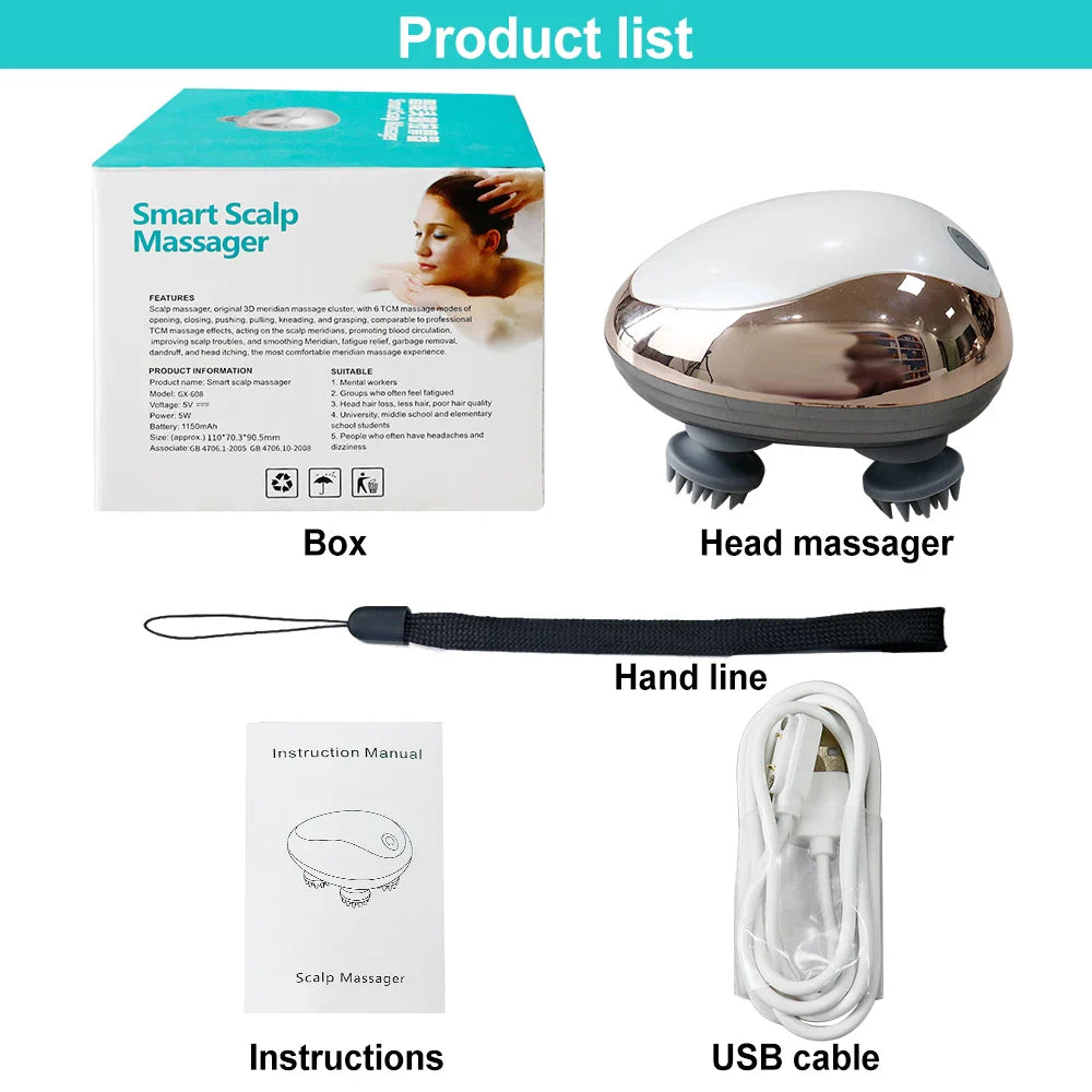 Electric Scalp Massager Heads Scalp Kneading Vibrating Device 6 Modes for Hair Growth Stress Relax Waterproof Massageador
