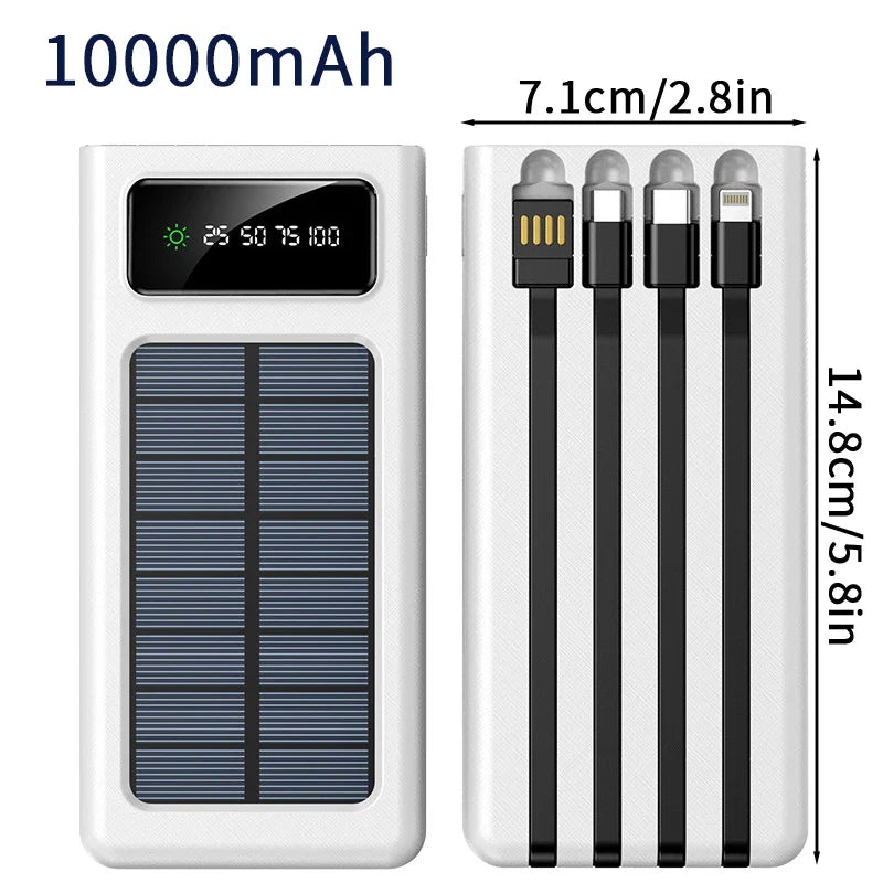 20000/30000mAh Solar Power Bank LED Light Large Capacity Fast Charging Battery With 4-Cables Outdoor Power Bank