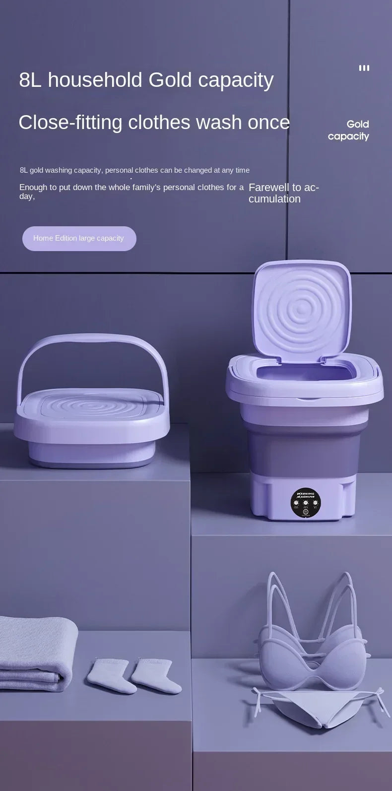 Portable Washing Machine 9L Small Foldable with Spin Dryer for Socks Underwear Panties Mini Washer Household Laundry