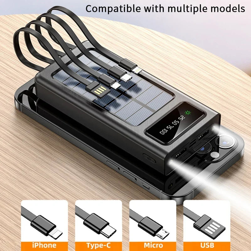 20000/30000mAh Solar Power Bank LED Light Large Capacity Fast Charging Battery With 4-Cables Outdoor Power Bank