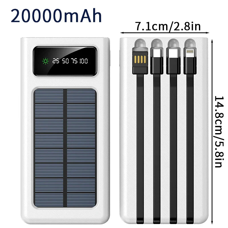 20000/30000mAh Solar Power Bank LED Light Large Capacity Fast Charging Battery With 4-Cables Outdoor Power Bank