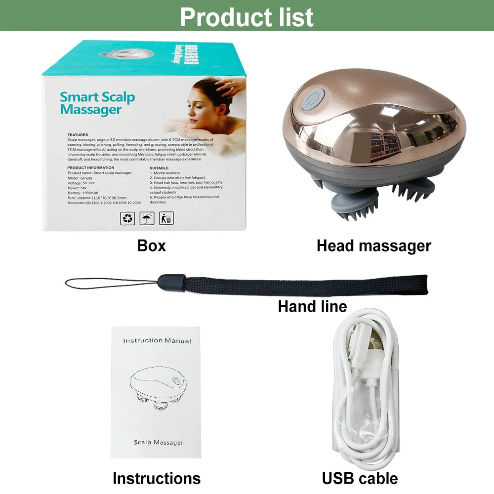 Electric Scalp Massager Heads Scalp Kneading Vibrating Device 6 Modes for Hair Growth Stress Relax Waterproof Massageador