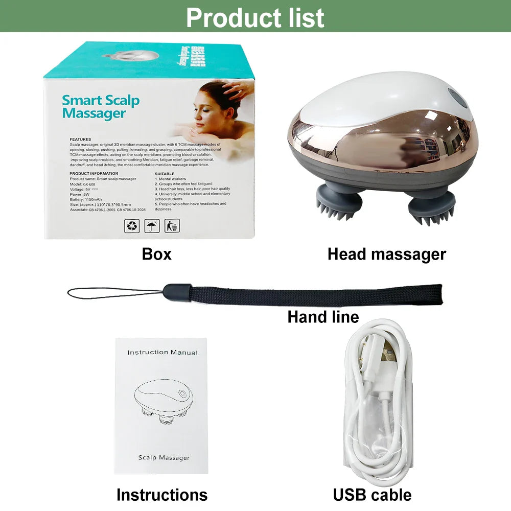 Electric Scalp Massager Heads Scalp Kneading Vibrating Device 6 Modes for Hair Growth Stress Relax Waterproof Massageador